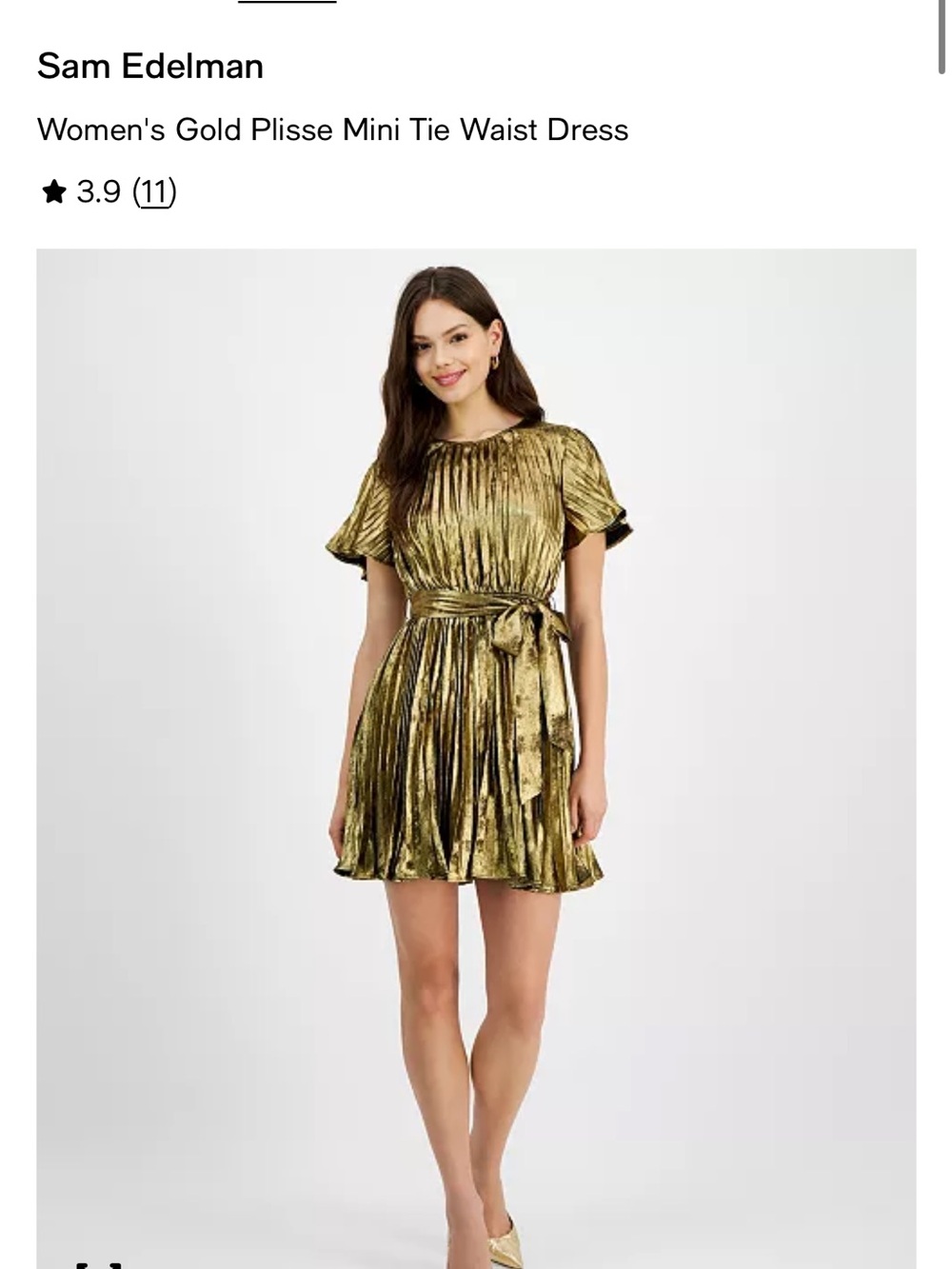 Sam Edelman Gold Plisse Mini Tie Waist Dress